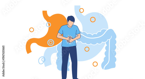Man with stomach ache, digestive system illustration, abdominal pain concept