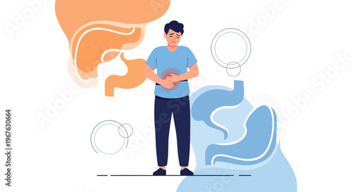 Man with stomach pain, digestive system illustration, liver and stomach organs