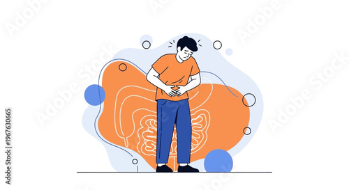Man with stomach pain, digestive system illustration, abdominal discomfort, healthcare concept