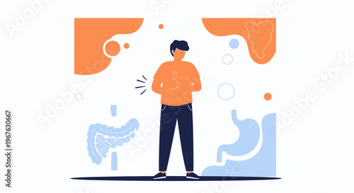 Man with stomach pain, digestive system illustration, healthcare concept