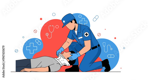 Paramedic administering first aid to an unconscious patient with medical symbols in the background