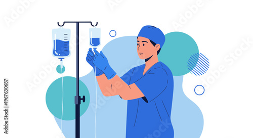 Medical professional adjusting IV drip, healthcare, hospital, infusion therapy, patient care concept