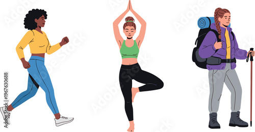 Three people engaging in different fitness activities in a vibrant setting