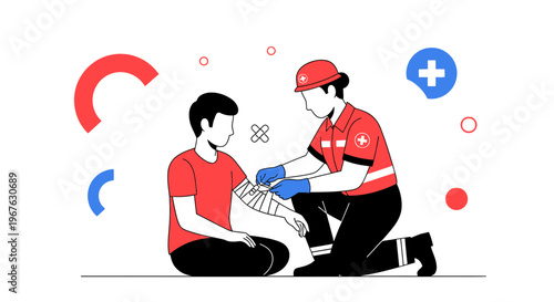 Paramedic bandaging injured arm of patient, first aid, medical emergency, healthcare concept