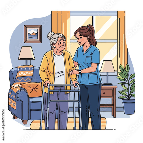 Compassionate caregiver assists an elderly woman with her walker, providing gentle support and dedicated home care to enhance independence and well-being in a comfortable residential setting