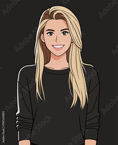 Woman with long blonde hair smiles in a black sweater against a dark background in a digital art style