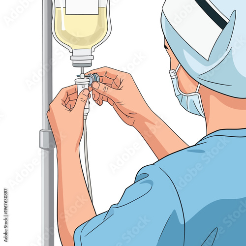 Skilled medical professional in a healthcare setting meticulously prepares an intravenous drip for patient treatment, highlighting precise medical care procedures and healthcare services