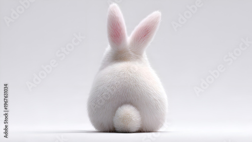 Rear view of a cute fluffy white bunny sitting on a clean white background, showing its soft fur, pink ears, and round cotton tail in a minimalist studio setting.