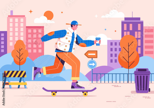 Modern flat vector illustration of a young skater cruising through a vibrant colorful cityscape, holding a takeaway coffee cup. Urban lifestyle concept.