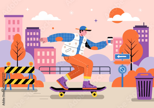 Modern flat vector illustration of a young skater cruising through a vibrant colorful cityscape, holding a takeaway coffee cup. Urban lifestyle concept.