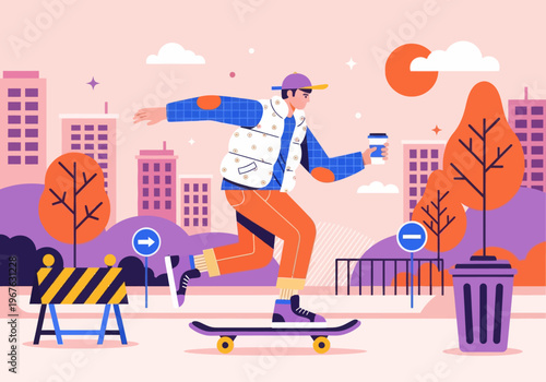 Modern flat vector illustration of a young skater cruising through a vibrant colorful cityscape, holding a takeaway coffee cup. Urban lifestyle concept.