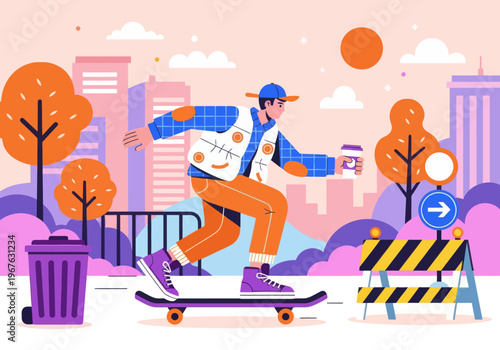 Modern flat vector illustration of a young skater cruising through a vibrant colorful cityscape, holding a takeaway coffee cup. Urban lifestyle concept.
