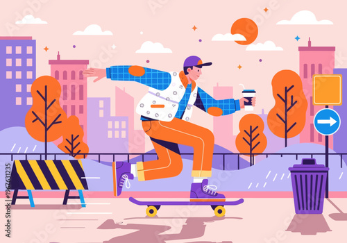 Modern flat vector illustration of a young skater cruising through a vibrant colorful cityscape, holding a takeaway coffee cup. Urban lifestyle concept.