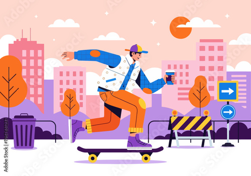 Modern flat vector illustration of a young skater cruising through a vibrant colorful cityscape, holding a takeaway coffee cup. Urban lifestyle concept.