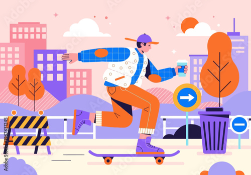 Modern flat vector illustration of a young skater cruising through a vibrant colorful cityscape, holding a takeaway coffee cup. Urban lifestyle concept.