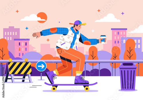 Modern flat vector illustration of a young skater cruising through a vibrant colorful cityscape, holding a takeaway coffee cup. Urban lifestyle concept.