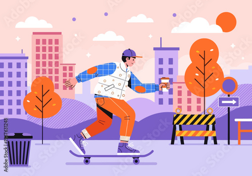 Modern flat vector illustration of a young skater cruising through a vibrant colorful cityscape, holding a takeaway coffee cup. Urban lifestyle concept.