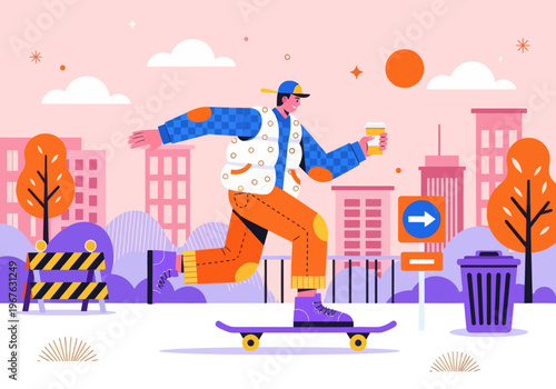 Modern flat vector illustration of a young skater cruising through a vibrant colorful cityscape, holding a takeaway coffee cup. Urban lifestyle concept.