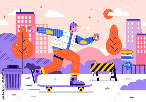 Modern flat vector illustration of a young skater cruising through a vibrant colorful cityscape, holding a takeaway coffee cup. Urban lifestyle concept.