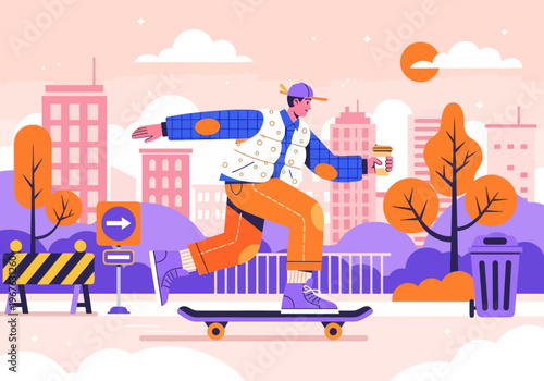 Modern flat vector illustration of a young skater cruising through a vibrant colorful cityscape, holding a takeaway coffee cup. Urban lifestyle concept.