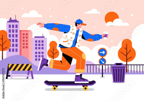 Modern flat vector illustration of a young skater cruising through a vibrant colorful cityscape, holding a takeaway coffee cup. Urban lifestyle concept.