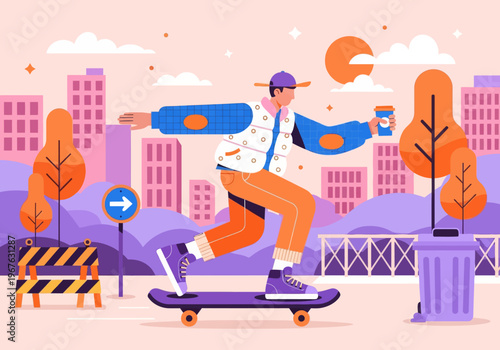 Modern flat vector illustration of a young skater cruising through a vibrant colorful cityscape, holding a takeaway coffee cup. Urban lifestyle concept.