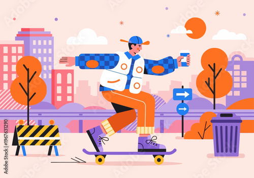 Modern flat vector illustration of a young skater cruising through a vibrant colorful cityscape, holding a takeaway coffee cup. Urban lifestyle concept.