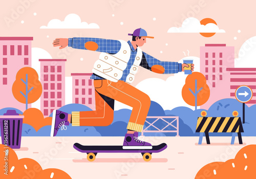 Modern flat vector illustration of a young skater cruising through a vibrant colorful cityscape, holding a takeaway coffee cup. Urban lifestyle concept.