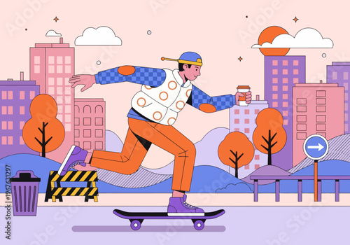 Modern flat vector illustration of a young skater cruising through a vibrant colorful cityscape, holding a takeaway coffee cup. Urban lifestyle concept.