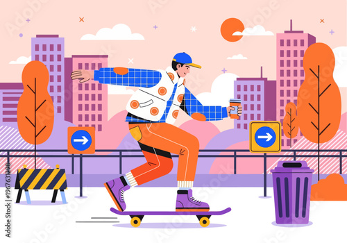 Modern flat vector illustration of a young skater cruising through a vibrant colorful cityscape, holding a takeaway coffee cup. Urban lifestyle concept.