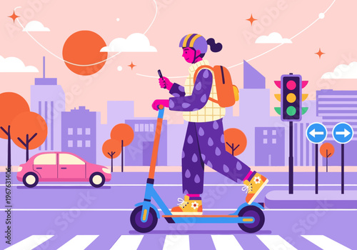 Flat vector: Person riding electric scooter in a smart city at sunset. Using smartphone navigation. Urban micro-mobility, modern transportation, cityscape background.