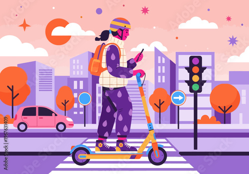 Flat vector: Person riding electric scooter in a smart city at sunset. Using smartphone navigation. Urban micro-mobility, modern transportation, cityscape background.