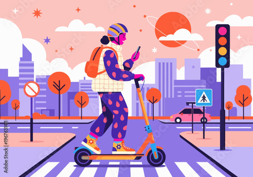 Flat vector: Person riding electric scooter in a smart city at sunset. Using smartphone navigation. Urban micro-mobility, modern transportation, cityscape background.