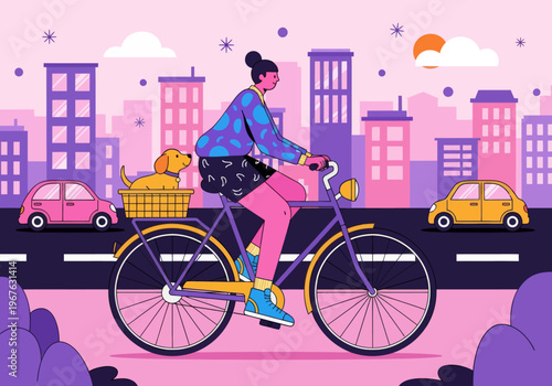 Flat vector illustration of a young woman cycling through a colorful pink and purple cityscape with her dog in the back basket. City commuting with pets concept.