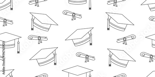 Seamless vector pattern with black line art graduation caps and diploma scrolls on white