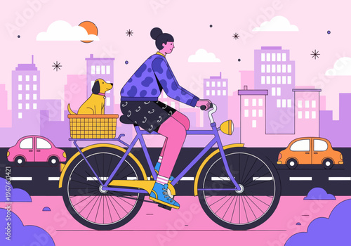 Flat vector illustration of a young woman cycling through a colorful pink and purple cityscape with her dog in the back basket. City commuting with pets concept.