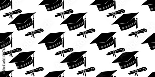 Seamless pattern with black graduation caps and diploma scrolls on white