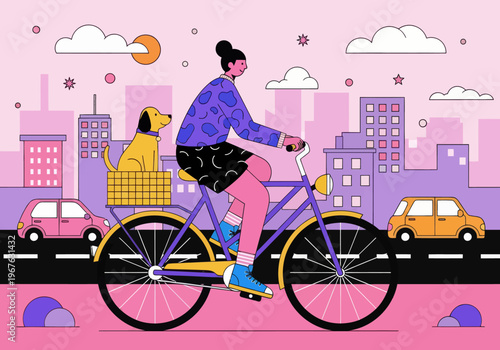 Flat vector illustration of a young woman cycling through a colorful pink and purple cityscape with her dog in the back basket. City commuting with pets concept.