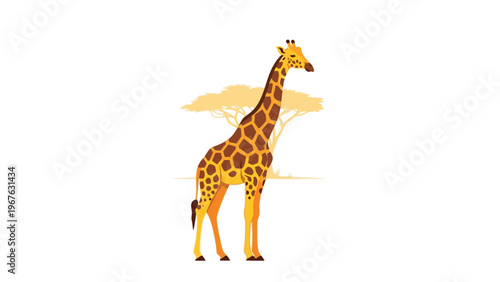 Illustration of a standing giraffe with yellow and brown spots against a simple savannah background.