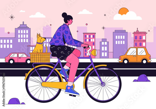 Flat vector illustration of a young woman cycling through a colorful pink and purple cityscape with her dog in the back basket. City commuting with pets concept.