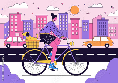 Flat vector illustration of a young woman cycling through a colorful pink and purple cityscape with her dog in the back basket. City commuting with pets concept.