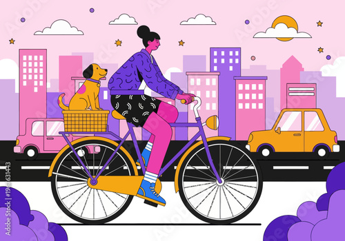 Flat vector illustration of a young woman cycling through a colorful pink and purple cityscape with her dog in the back basket. City commuting with pets concept.