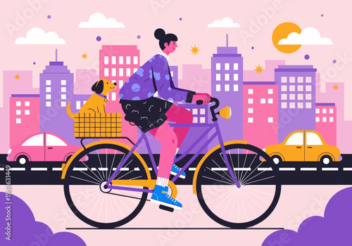 Flat vector illustration of a young woman cycling through a colorful pink and purple cityscape with her dog in the back basket. City commuting with pets concept.