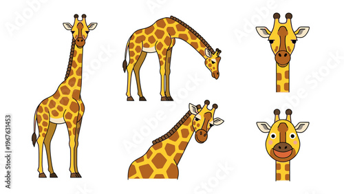A set of cartoon giraffe illustrations in various poses and expressions on a white background.