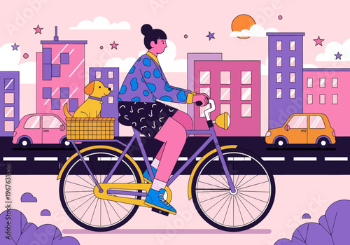Flat vector illustration of a young woman cycling through a colorful pink and purple cityscape with her dog in the back basket. City commuting with pets concept.