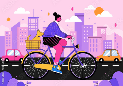 Flat vector illustration of a young woman cycling through a colorful pink and purple cityscape with her dog in the back basket. City commuting with pets concept.