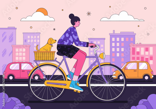Flat vector illustration of a young woman cycling through a colorful pink and purple cityscape with her dog in the back basket. City commuting with pets concept.