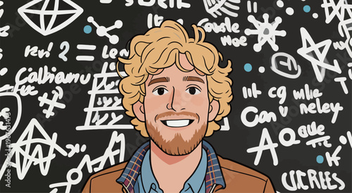 Cartoon character with curly blonde hair smiling in front of a blackboard filled with math symbols and formulas
