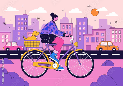 Flat vector illustration of a young woman cycling through a colorful pink and purple cityscape with her dog in the back basket. City commuting with pets concept.