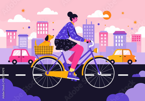 Flat vector illustration of a young woman cycling through a colorful pink and purple cityscape with her dog in the back basket. City commuting with pets concept.